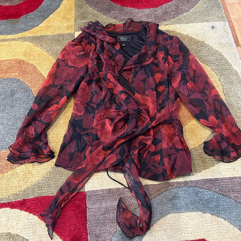 Dressbarn Wrap Blouse Long Sleeve Top Red Black Floral Print Shoulder Pads 6